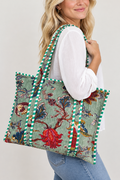 Cotton Velvet Tote Bag - Sage