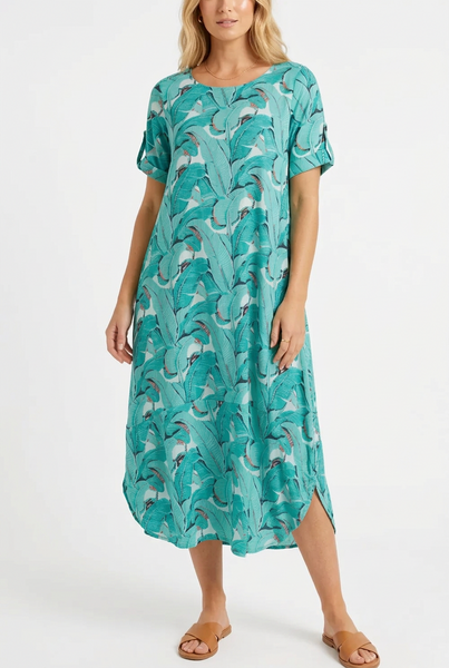 Banana Palm Curve Hem Dress - Aqua Blu