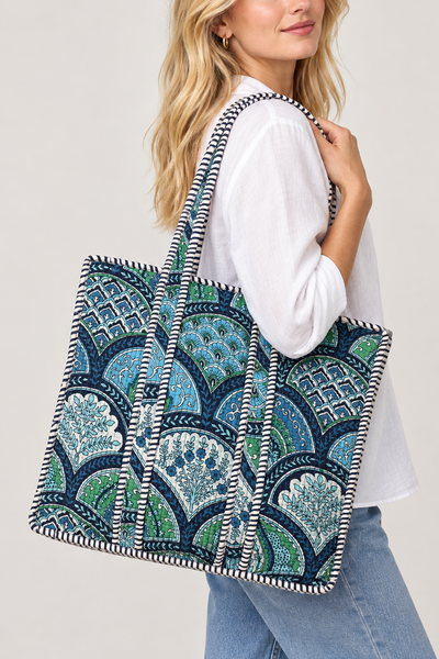 Cotton Kantha Tote Bag -  Blue White& Green