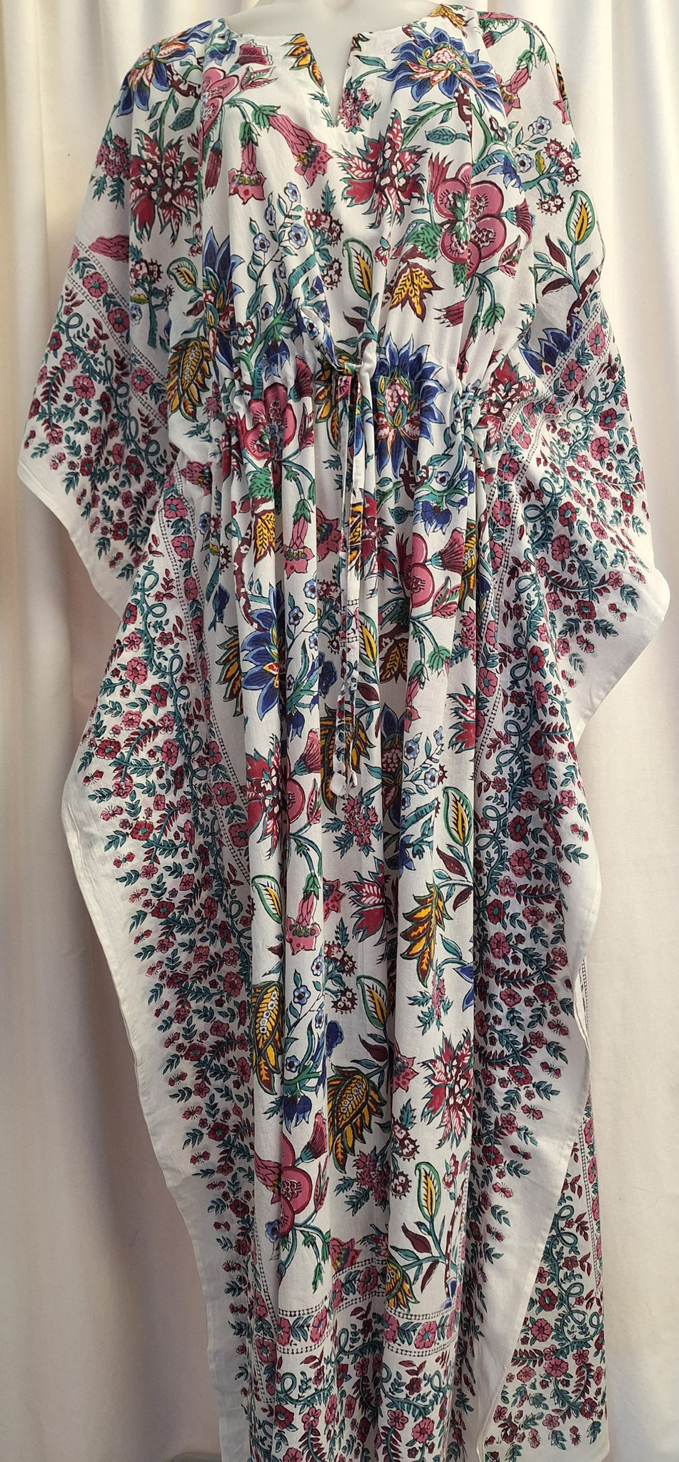 Anokhi Tie Kaftan - White with Blue Pink and Yellow