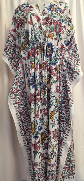 Anokhi Tie Kaftan - White with Blue Pink and Yellow