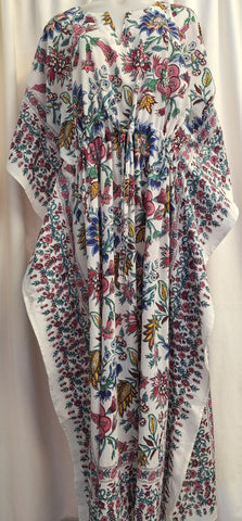 Anokhi Tie Kaftan - White with Blue Pink and Yellow