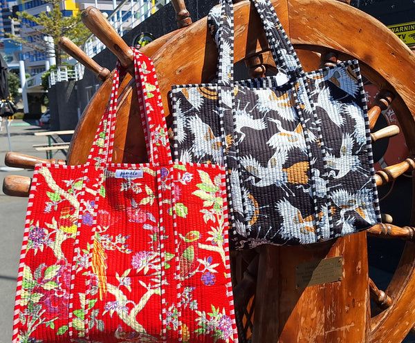 Cotton Kantha Tote Bag - Black and White Cranes