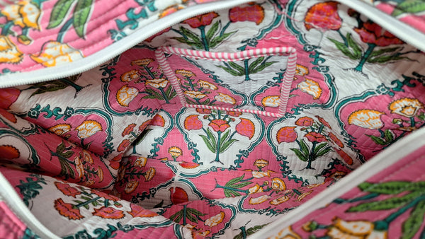 Cotton Kantha Tote Bag - Pink & Orange Flowers