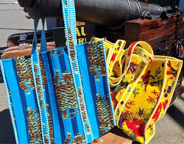 Cotton Velvet Tote Bag - Turquoise Tigers