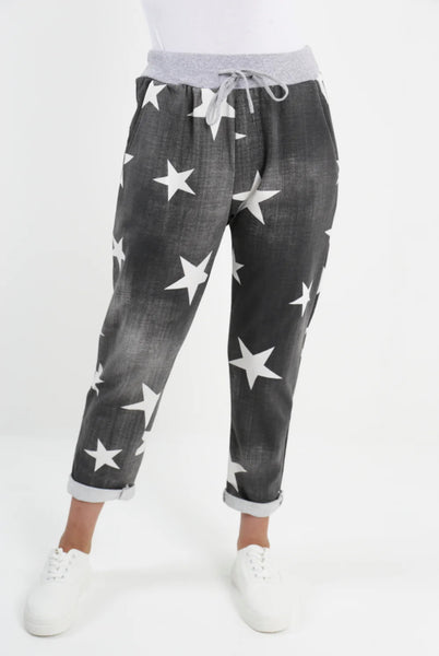 Italian Stretch Pants -  Star Print Charcoal