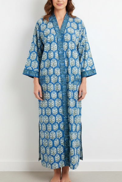 Anokhi Style Robe – White and Blue Tree Motif