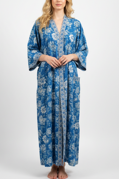 Anokhi Style Robe – White and Blue Flower