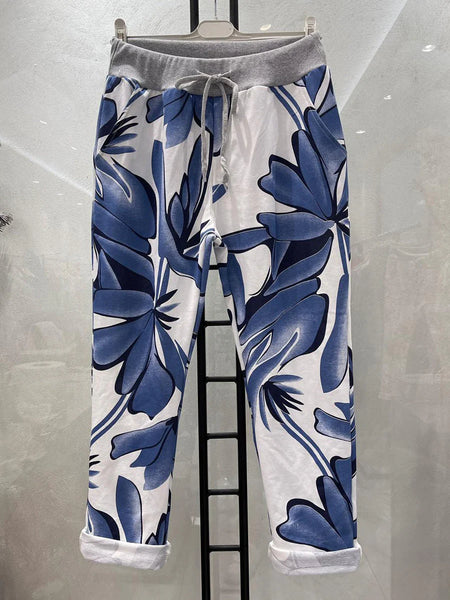 Italian Stretch Pants -  White with Blue Flowers