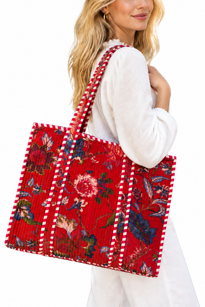 Cotton Velvet Tote Bag - Red