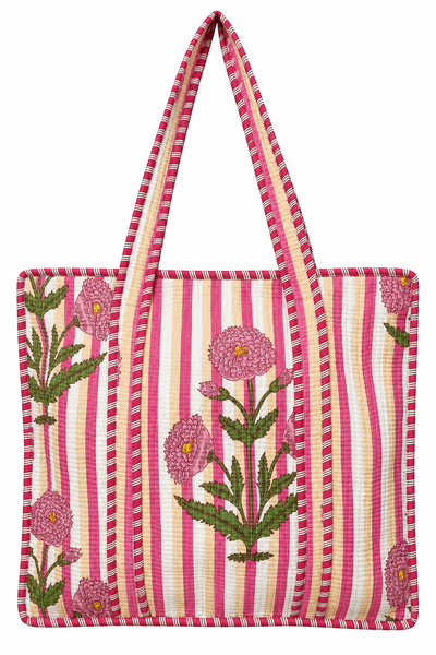 Cotton Kantha Tote Bag - Pink Flowers