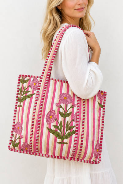 Cotton Kantha Tote Bag - Pink Flowers
