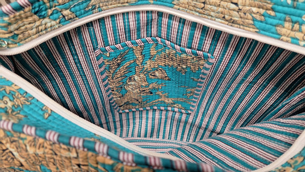 Cotton Kantha Tote Bag -  Turquoise Floral