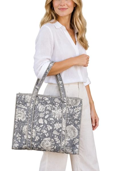 Cotton Kantha Tote Bag -  Grey Floral