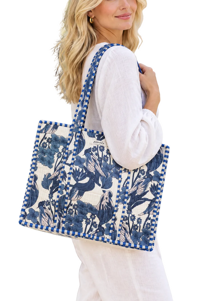 Cotton Tote Bag - Blue and White Birds