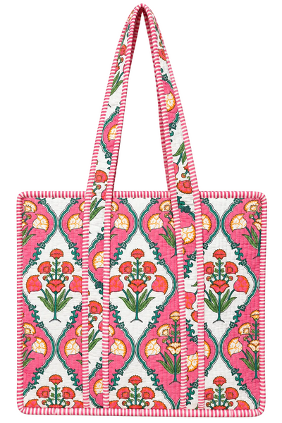 Cotton Kantha Tote Bag - Pink & Orange Flowers