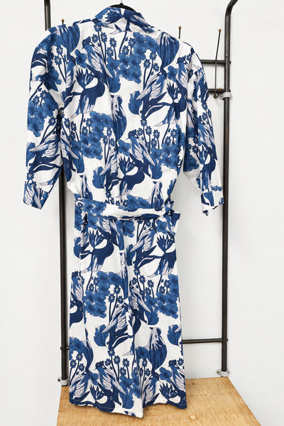 Blue and White bird Cotton Robe