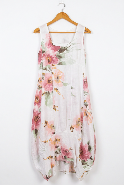 Italian Linen Floral Sundress - White