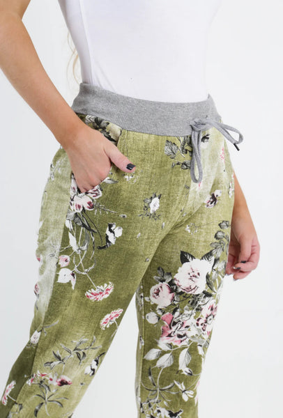 Italian Stretch Pants - Green , Stalks & Pink Flowers