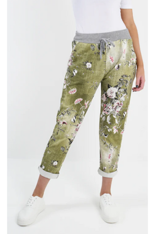 Italian Stretch Pants - Green , Stalks & Pink Flowers