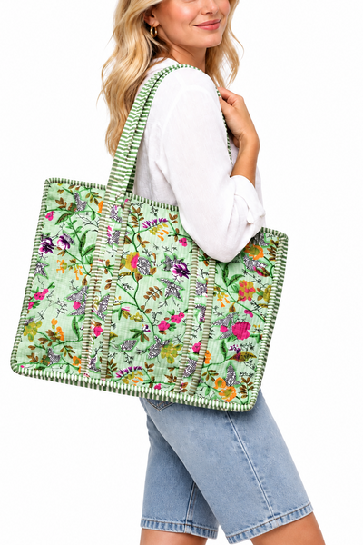 Cotton Kantha Tote Bag -  Mint Floral