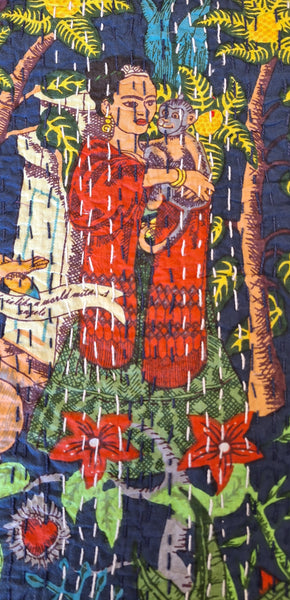 Frida Kahlo Cotton Hand Stitched Quilt - Navy Blue