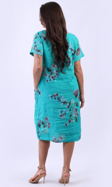 Linen Short Dress with Ribbed Sides Hydrangea - Aqua