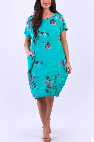Linen Short Dress with Ribbed Sides Hydrangea - Aqua
