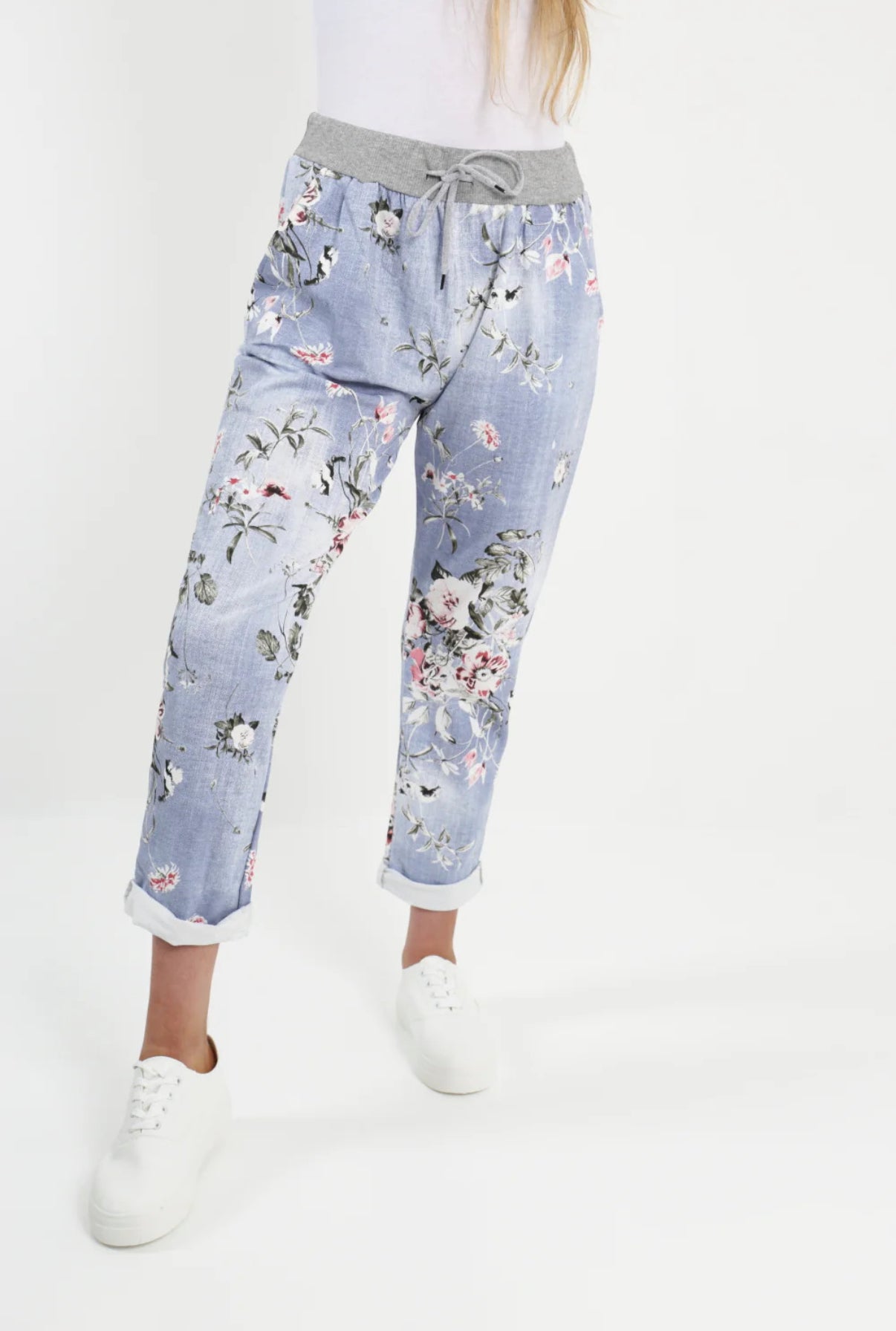 Italian Stretch Pants - Light Denim, Stalks & Pink Flowers