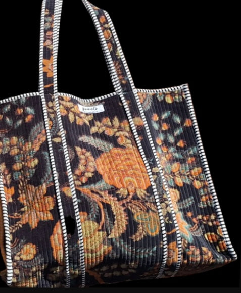 Cotton Velvet Tote Bag Black Trees