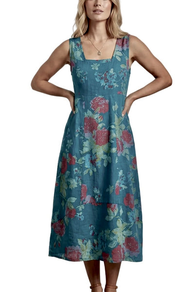 Italian Linen Floral Sundress - Teal