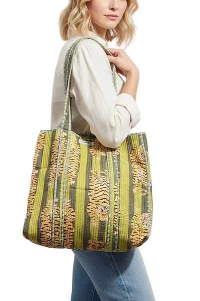 Cotton Quilted Tote Bag Tiger Green and Olive