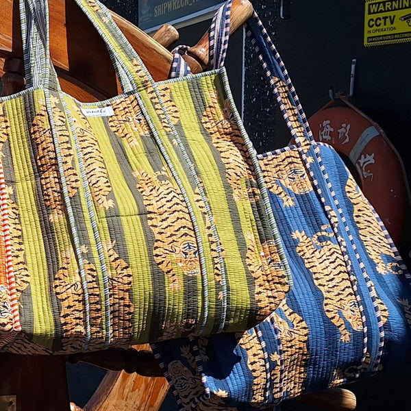 Cotton Quilted Tote Bag -  Navy and Denim