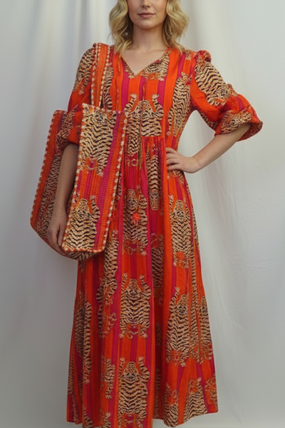Cotton Quilted Tote Bag Tiger - Orange and Hot Pink