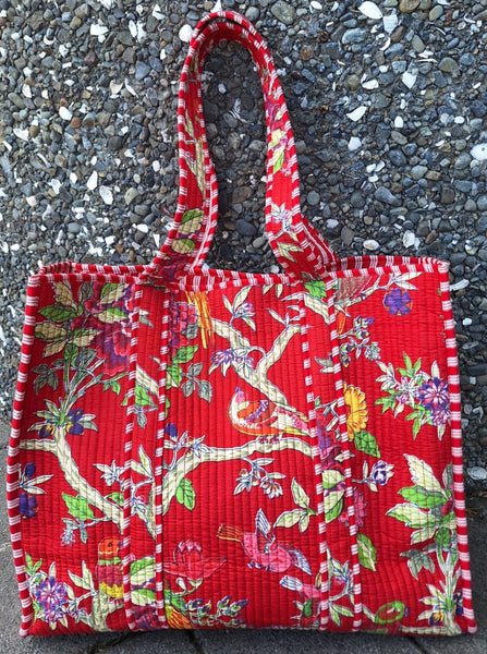 Cotton Quilted Tote Bag - Red Tropical