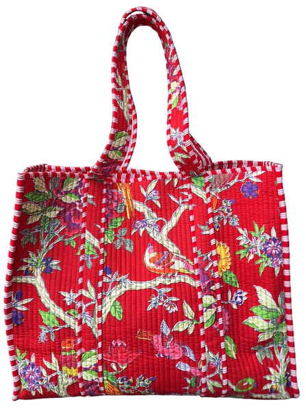 Cotton Quilted Tote Bag - Red Tropical