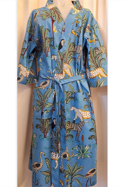 Cotton Robe - Jungle Print in Blue