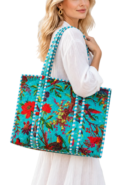 Cotton Velvet Tote Bag - Turquoise