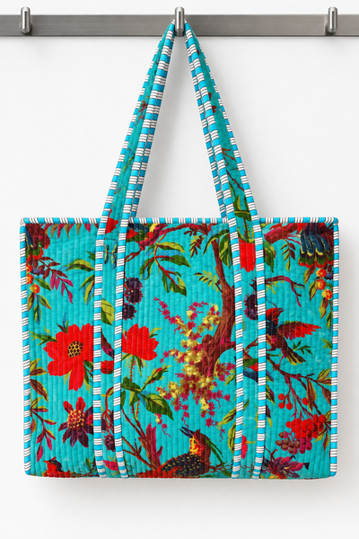 Cotton Velvet Tote Bag - Turquoise