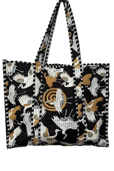 Cotton Kantha Tote Bag - Black and White Cranes