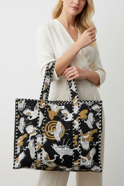 Cotton Kantha Tote Bag - Black and White Cranes