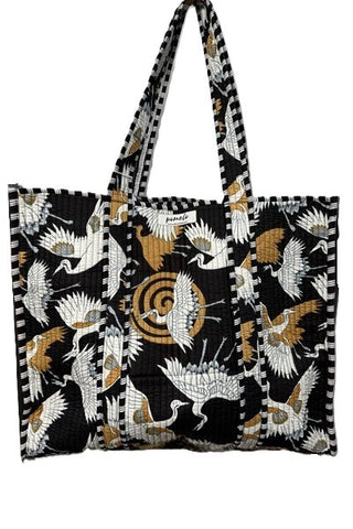 Cotton Kantha Tote Bag - Black and White Cranes