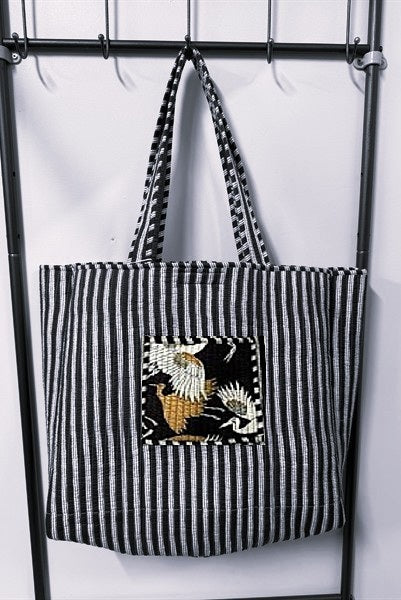 Cotton Kantha Tote Bag - Black and White Cranes