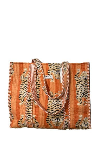 Cotton Quilted Tote Bag Tigers Orange and Peach