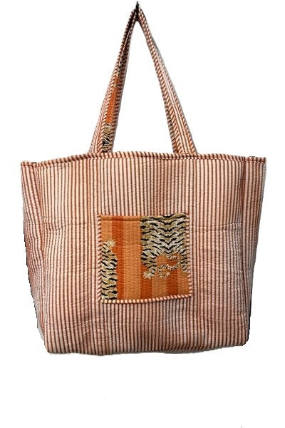 Cotton Quilted Tote Bag Tigers Orange and Peach
