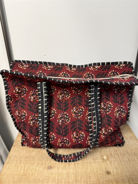 Wine Coloured Tote Bag with Spotty Flowers