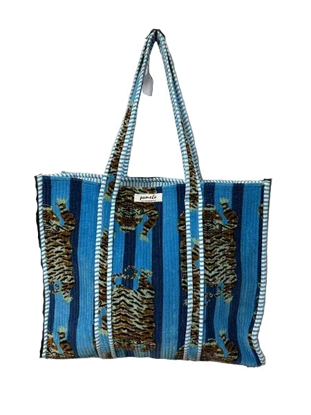 Cotton Velvet Tote Bag Tigers Black and Aqua