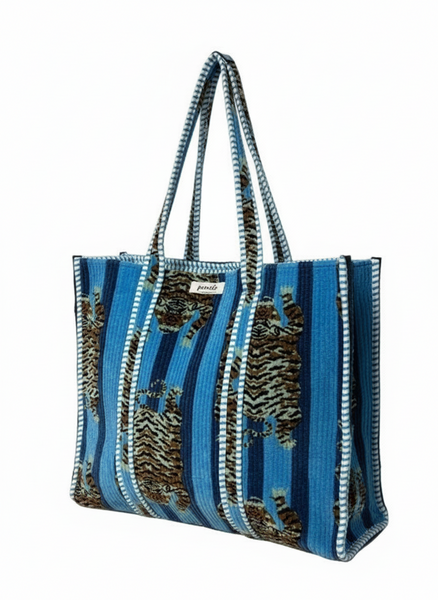 Cotton Velvet Tote Bag Tigers Black and Aqua