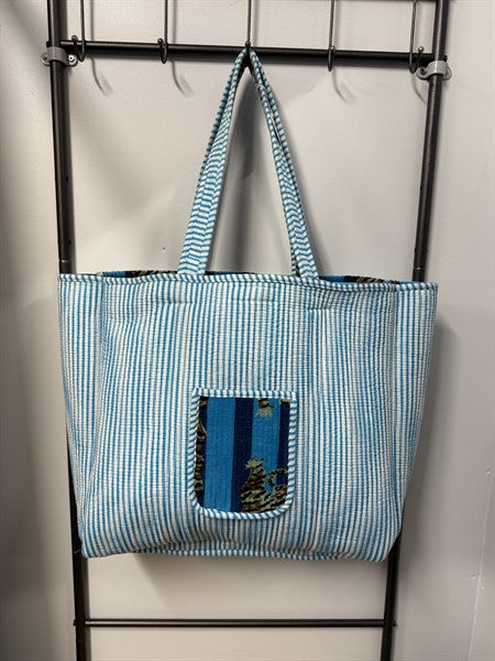 Cotton Velvet Tote Bag Tigers Black and Aqua