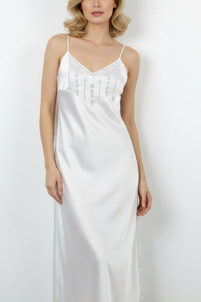 Satin Candy Nightdress Hand Embroidered  - Winter White